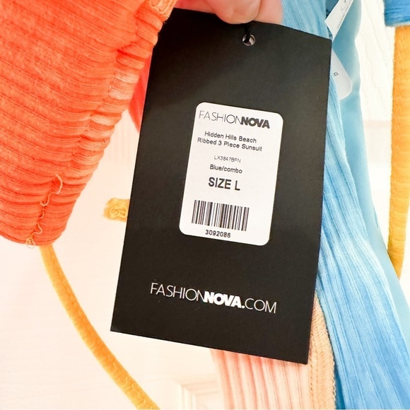 NWT Fashion Nova Alix Earle Hidden Hills Beach Ribbed 3pc Bikini Blue Orange LG - Picture 16 of 16